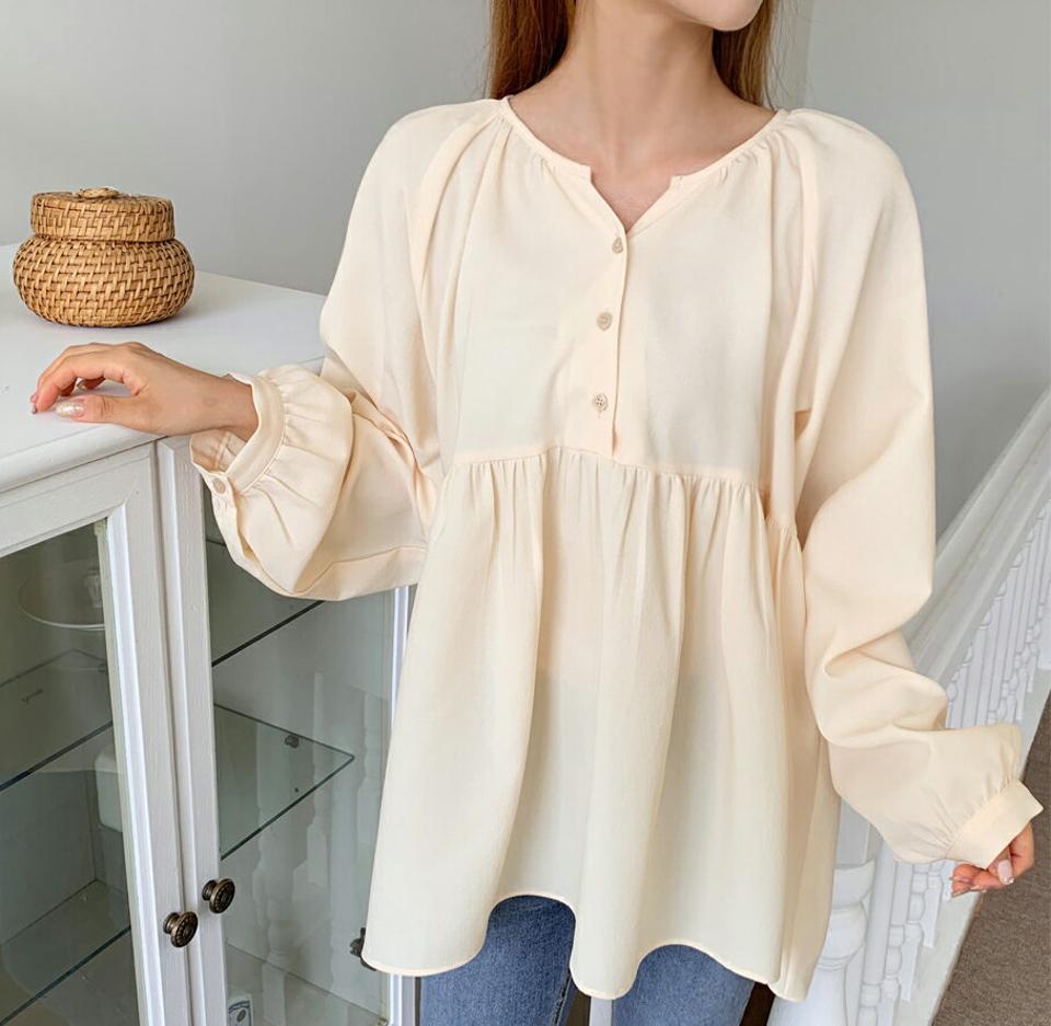 ラグランギャザーブラウス・全2色・t64885 レディース 【bl】韓国ファッション トップス ブラウス 長袖 シンプル ギャザー ガーリー ラウンドネック ラグランスリーブ フェミニン 上品 体型カバー 細身 ラブリー 春 秋 NIJU