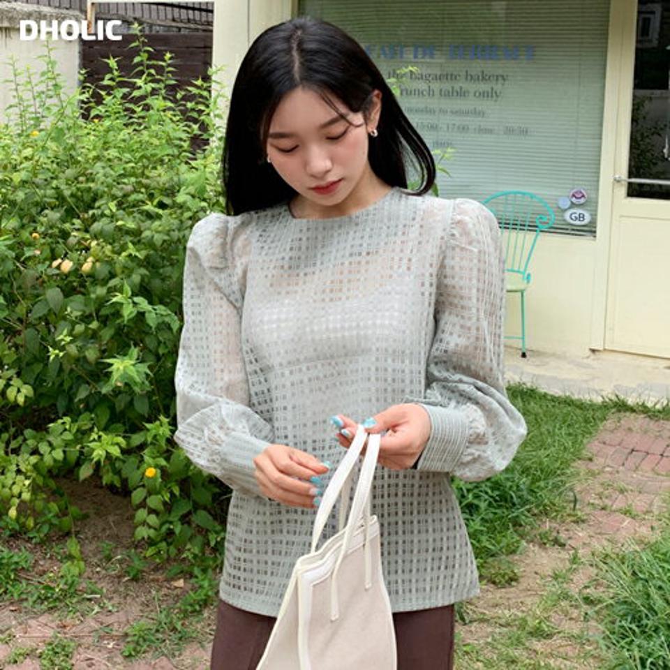 ≪人気商品再入荷≫シースルーチェックブラウス・全3色・b64888 レディース 【bl】韓国ファッション トップス ブラウス 長袖 シンプル チェック パターン ガーリー ラウンドネック パフスリーブ フェミニン 上品 春 秋 NIJU