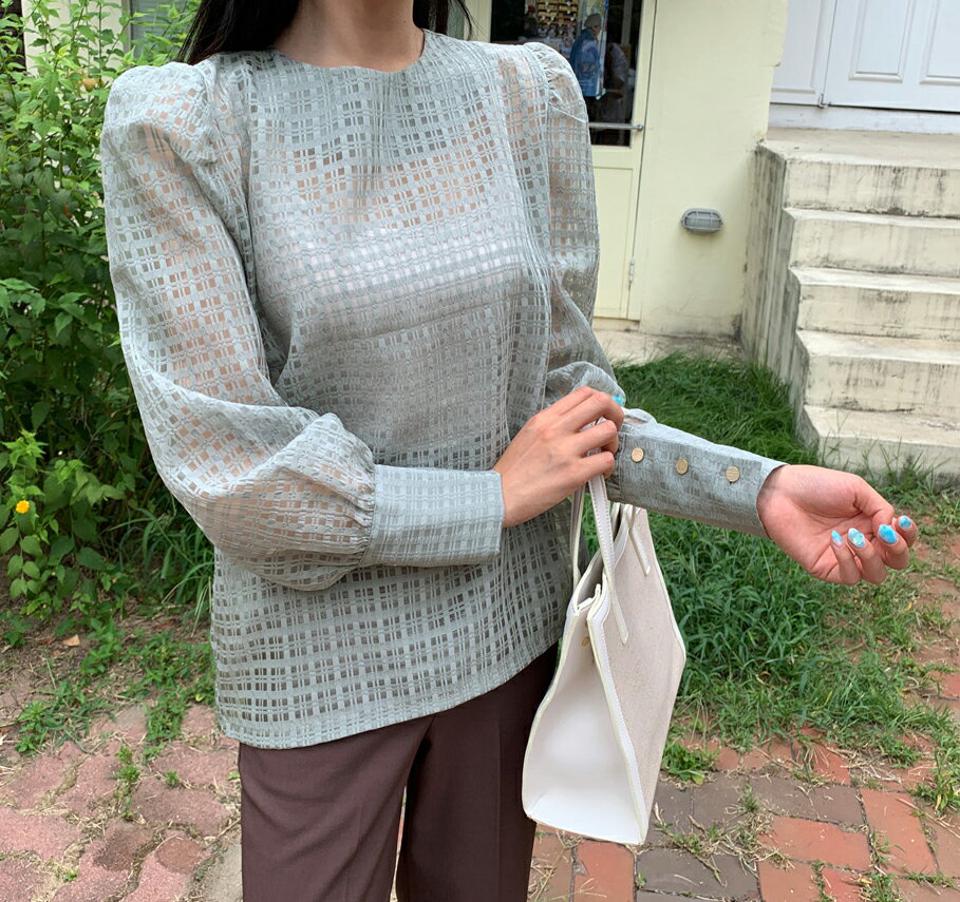 ≪人気商品再入荷≫シースルーチェックブラウス・全3色・b64888 レディース 【bl】韓国ファッション トップス ブラウス 長袖 シンプル チェック パターン ガーリー ラウンドネック パフスリーブ フェミニン 上品 春 秋 NIJU