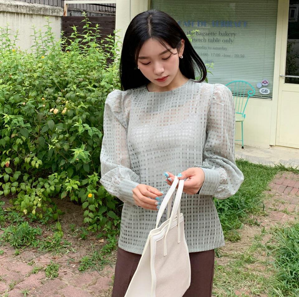 ≪人気商品再入荷≫シースルーチェックブラウス・全3色・b64888 レディース 【bl】韓国ファッション トップス ブラウス 長袖 シンプル チェック パターン ガーリー ラウンドネック パフスリーブ フェミニン 上品 春 秋 NIJU