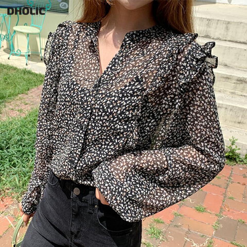 フローラルフリルブラウス・全2色・t64890 レディース 【bl】韓国 ファッション トップス ブラウス 長袖 シンプル 花柄 フラワー パターン 小花柄 フリル フェミニン 上品 体型カバー 細身 ガーリー 春 秋 NIJU