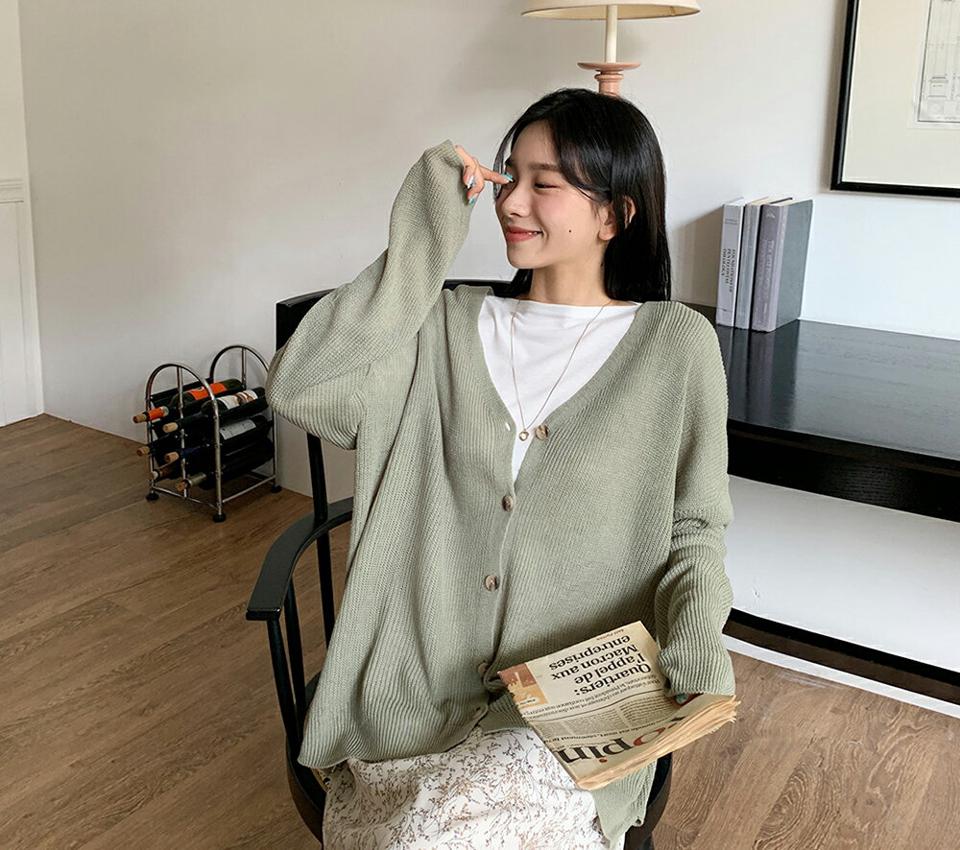 スリットボタンカーディガン・全5色・t64897 レディース 【cd】韓国ファッション カーディガン カーデ 長袖 Vネック デコルテ スリット ニット ルーズ 無地 かわいい カジュアル デイリー 春 秋 NIJU