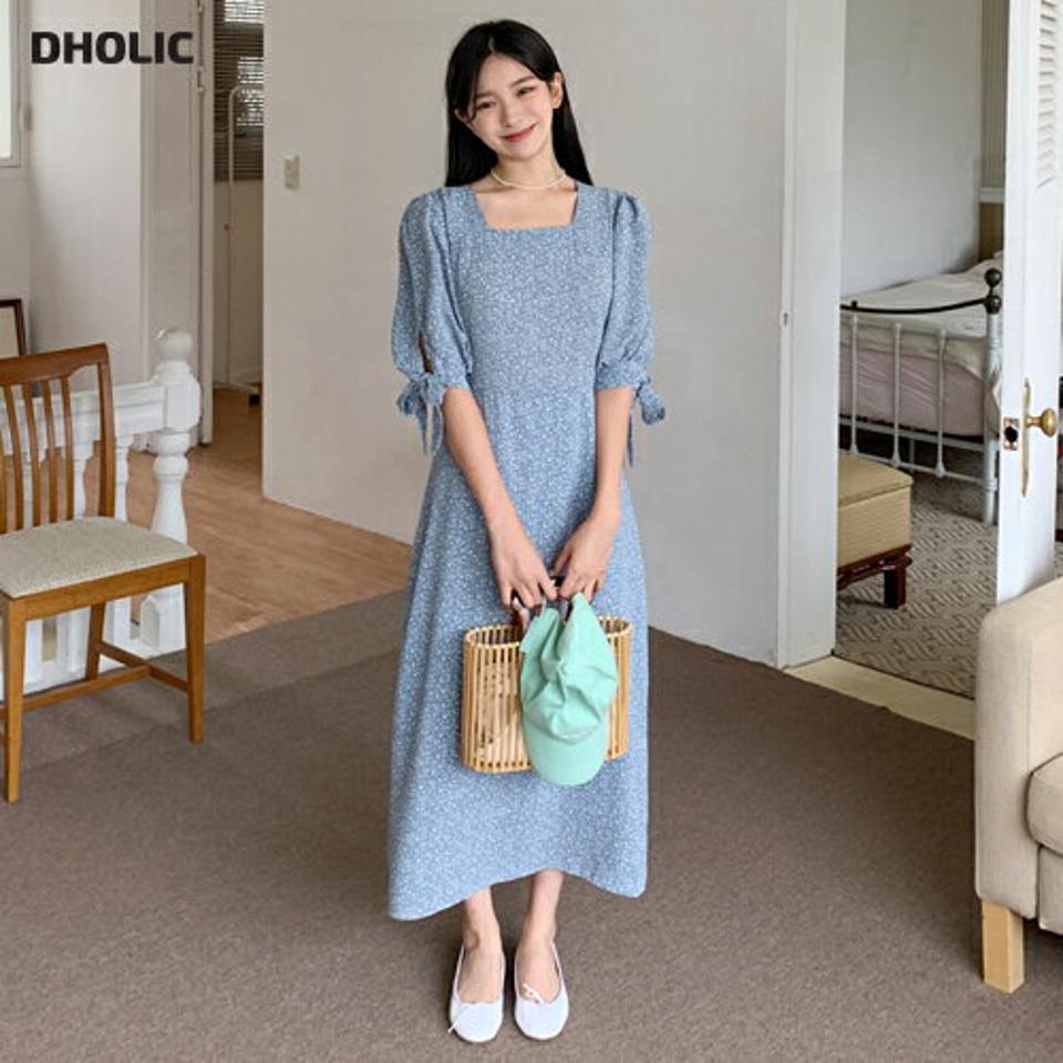 スクエア花柄リボンワンピース・全2色・t64903 レディース 【ops】韓国 ファッション ワンピース ロング ロングワンピース 長袖 小花柄 花柄 フラワー パターン スクエアネック リボン デコルテ ルーズ 楽ちん スリム 体型カバー 春 秋 NIJU