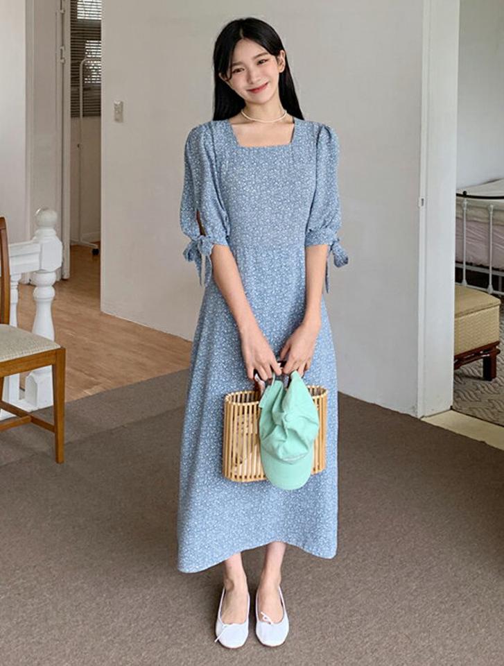 スクエア花柄リボンワンピース・全2色・t64903 レディース 【ops】韓国 ファッション ワンピース ロング ロングワンピース 長袖 小花柄 花柄 フラワー パターン スクエアネック リボン デコルテ ルーズ 楽ちん スリム 体型カバー 春 秋 NIJU