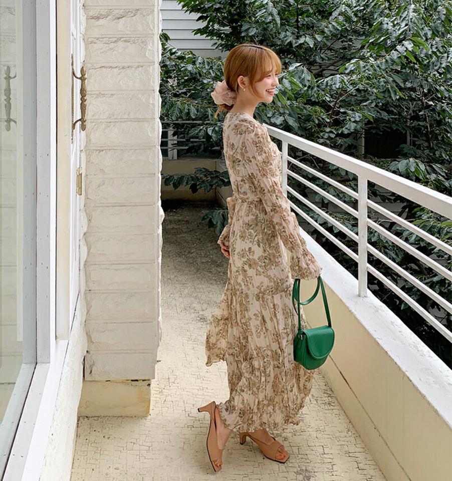 花柄リンクルワンピース・全2色・t64904 レディース 【ops】韓国ファッション ワンピース ロング ロングワンピース 長袖 花柄 リンクル Vネック デコルテ ルーズ 楽ちん スリム 体型カバー 春 秋 NIJU