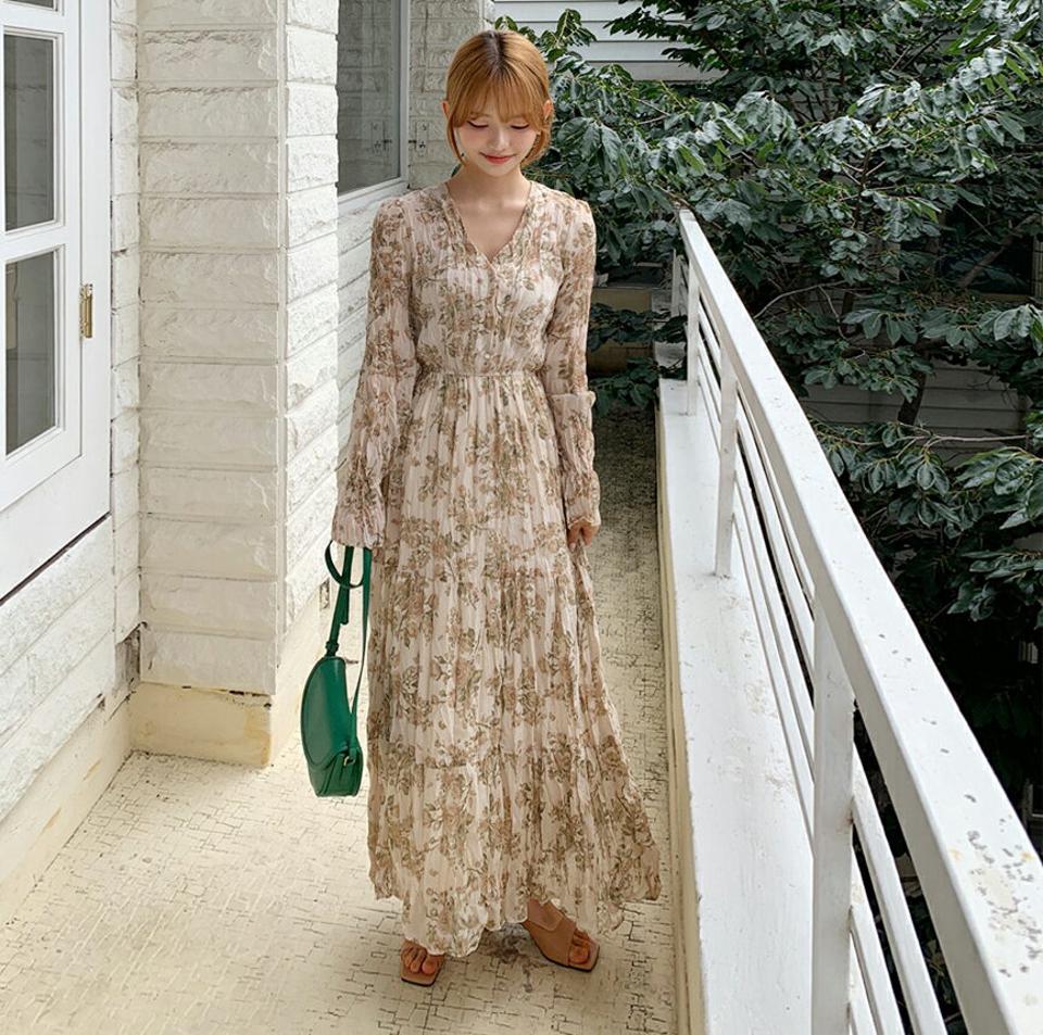 花柄リンクルワンピース・全2色・t64904 レディース 【ops】韓国ファッション ワンピース ロング ロングワンピース 長袖 花柄 リンクル Vネック デコルテ ルーズ 楽ちん スリム 体型カバー 春 秋 NIJU