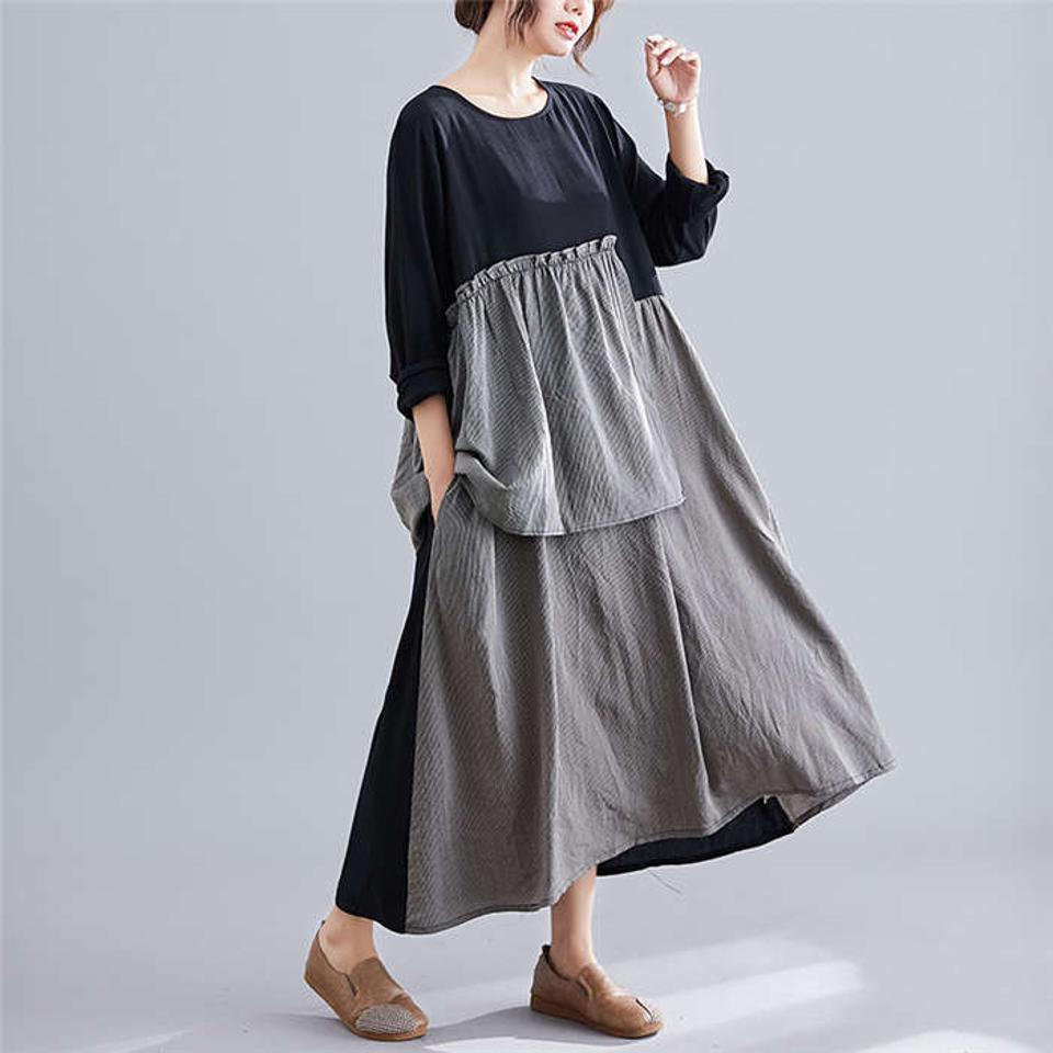 ワンピース レディース ロングワンピース ロング丈 長袖 オシャレ ゆるっとワンピース カジュアル 切り替えワンピース 大きいサイズ 不規則 体型カバー 秋 冬 シンプル 30代 40代 50代 送料無料