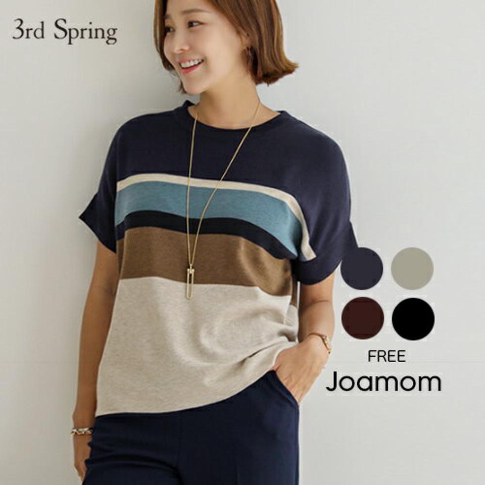 JOAMOM(ジョアマム)オータムニットTシャツ【8/30up_ka】【メール便】韓国 韓国ファッション　レディース トップス Tシャツ ニット ニットTシャツ ニットT 半袖 ユニーク配色 夏 秋 着回し 大人 カジュアルレディース ファッション【予】