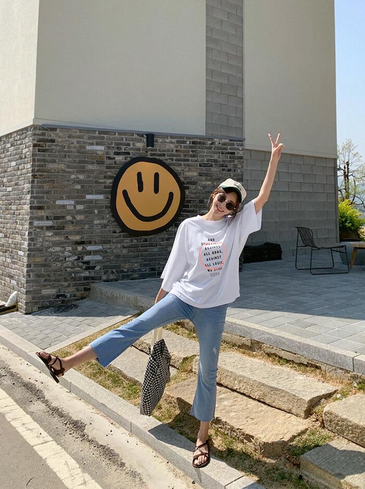 mayblue(メイブルー)タイムレタリングボックスTシャツ【8/27up_ka】【メール便】韓国 韓国ファッション　レディース トップス Tシャツ 半袖 6分袖 ラウンドネック 丸首 レタリング プリント かわいい 着回し 夏 秋レディース ファッション【7】