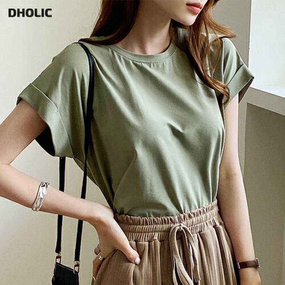 ラウンドネックロールアップTシャツ・全5色・t69827 レディース 【tops】トップス Tシャツ 半袖 ロールアップ ラウンドネック 単色 無地 シンプル ドルマンスリーブ カジュアル ラフ 春 夏 韓国 ファッション ハイホリHIHOLLI