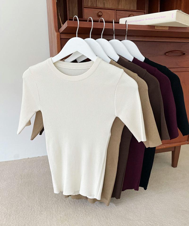 リブハーフスリーブニット・全5色・b69846 レディース 【tops】トップス ニット 年上 半袖 ハーフスリーブ リブ 単色 シンプル ベーシック 大人 カジュアル 春 夏 サマーニット 韓国ファッション ハイホリHIHOLLI