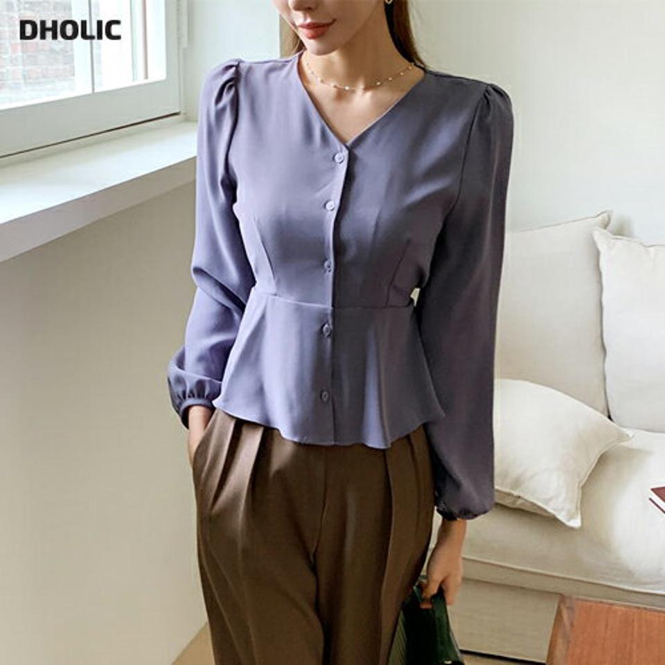 Vネックリボンフレアブラウス・全4色・t69851 レディース 【bl】トップス ブラウス 長袖 フレア Vネック 単色 無地 フェミニン 大人 きれいめ シンプル パフ袖 パフスリーブ 春 秋 韓国ファッション ハイホリHIHOLLI