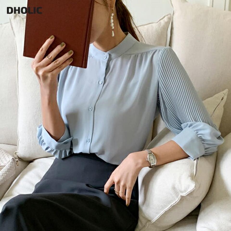 プリーツスリーブブラウス・全3色・b69852 レディース 【bl】トップス ブラウス 七分丈 七分袖 7分丈 7分袖 プリーツ フェミニン 大人 バンドカラー オフィスカジュアル 水色 パステル くすみ きれいめ 春 秋 韓国ファッション ハイホリHIHOLLI