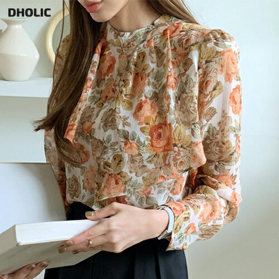 フローラルシフォンラッフルブラウス・全3色・b69853 レディース 【bl】トップス ブラウス ラッフル フリル シフォン 花柄 モダン 大人 長袖 ハーフネック 春 秋 韓国 ファッション ハイホリHIHOLLI