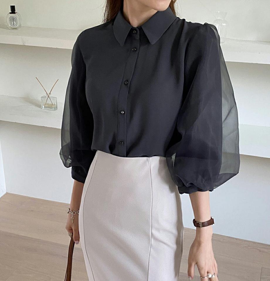 バルーンスリーブブラウス・全4色・t69855 レディース 【bl】トップス ブラウス バルーンスリーブ 透け感 シースルー シアー 七分丈 七分袖 7分袖 オーガンジー フェミニン 上品 オケージョン ボリューム袖 春 秋 韓国ファッション ハイホリHIHOLLI