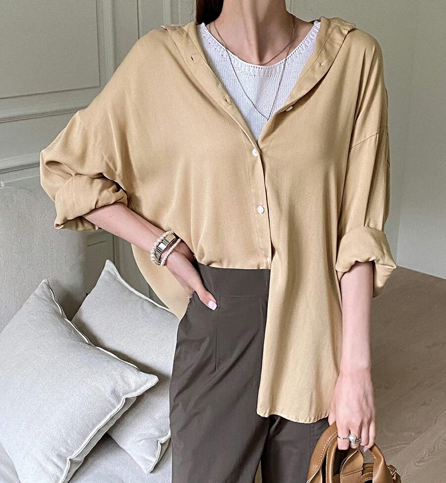 シルキールーズフィットシャツ・全4色・b69923 レディース 【bl】トップス シャツ 長袖 シルキー 単色 無地 シンプル ベーシック ルーズ ゆったり ラフ 大人 春 秋 韓国ファッション ハイホリHIHOLLI