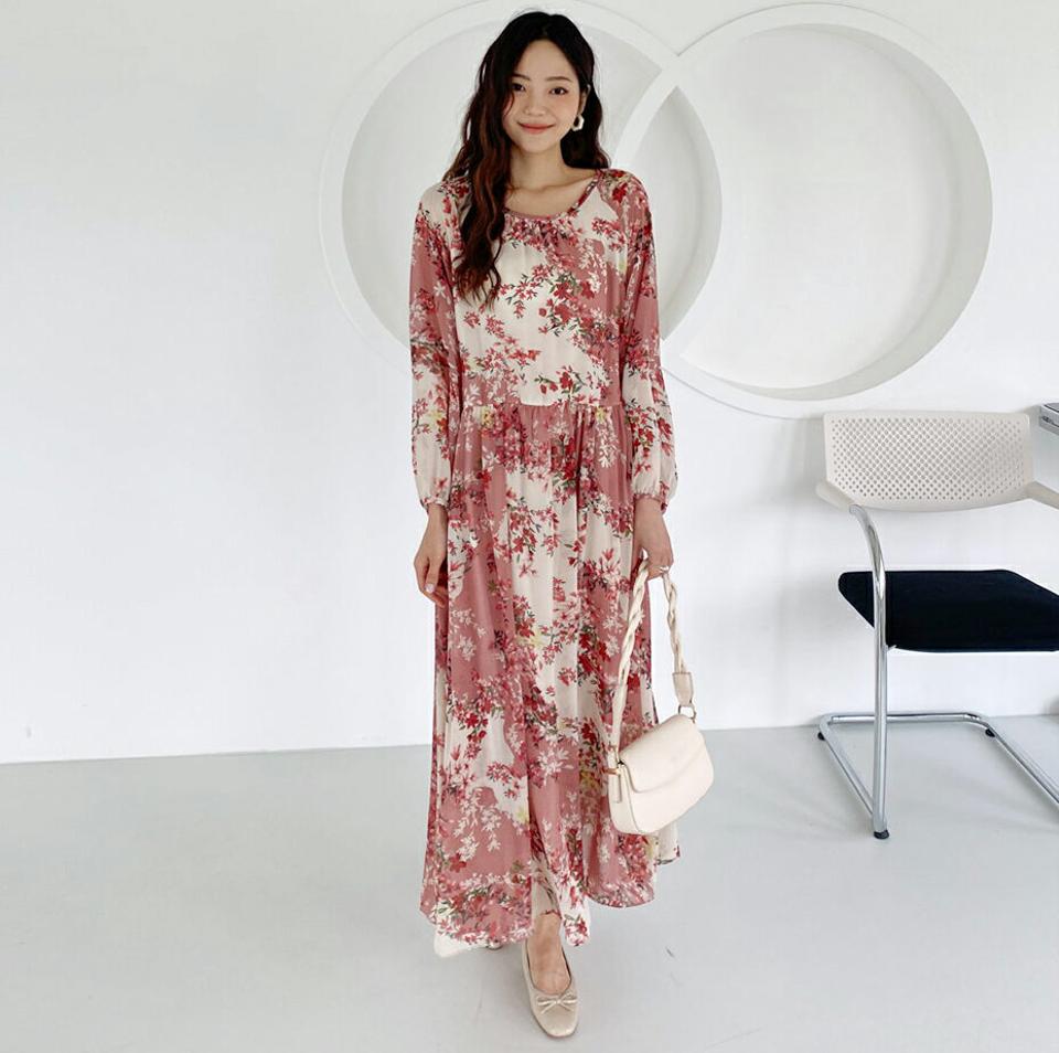 ストラップ付フローラルパターンワンピース・全3色・b65838 レディース 【ops】韓国ファッション ワンピース ロングワンピース 大人 小花柄 花柄 フラワー フローラル ロング丈 ストラップ フレア 長袖 ルーズ フェミニン 秋 春
