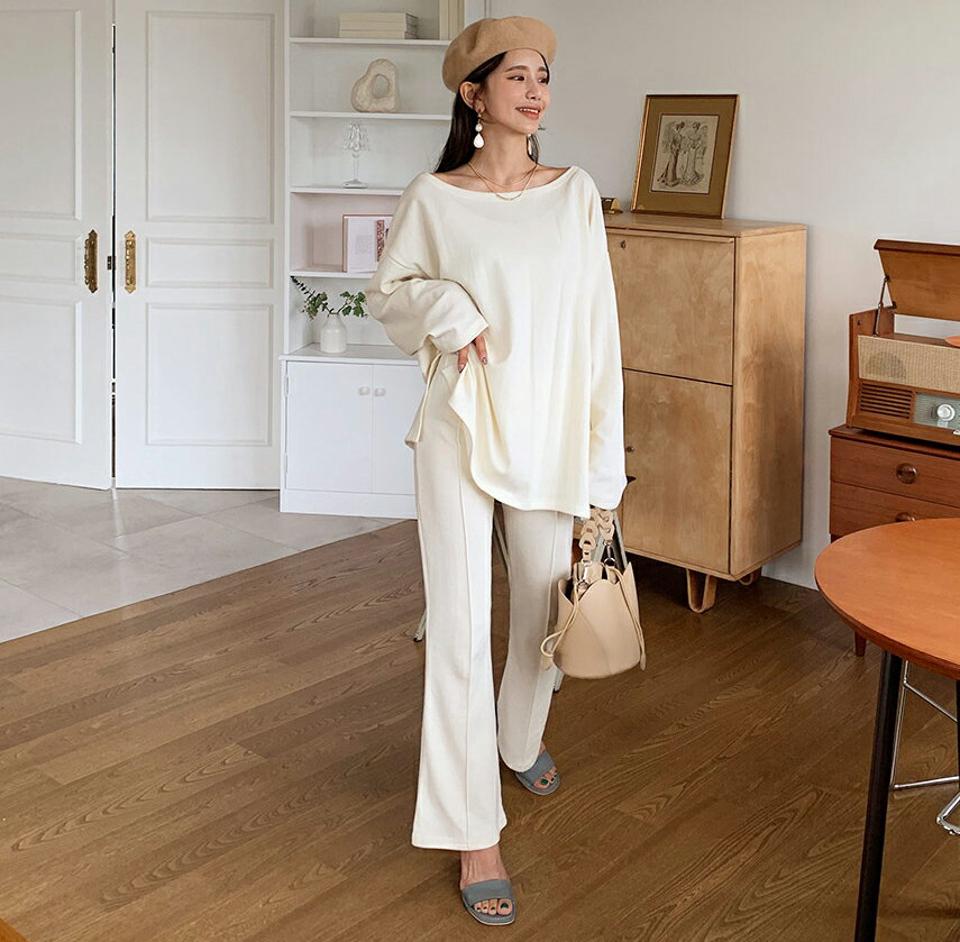 即日配送 2WAYスウェット&ウエストゴムフレアパンツSET・全3色・t65853 レディース 【pt】韓国ファッション ボトムス ロング ロングパンツ フレアパンツ セット スウェット ワンマイルウェア ラウンドネック 2WAY ゴム フェミニン カジュアル 体型カバー 足長 美脚 秋 春