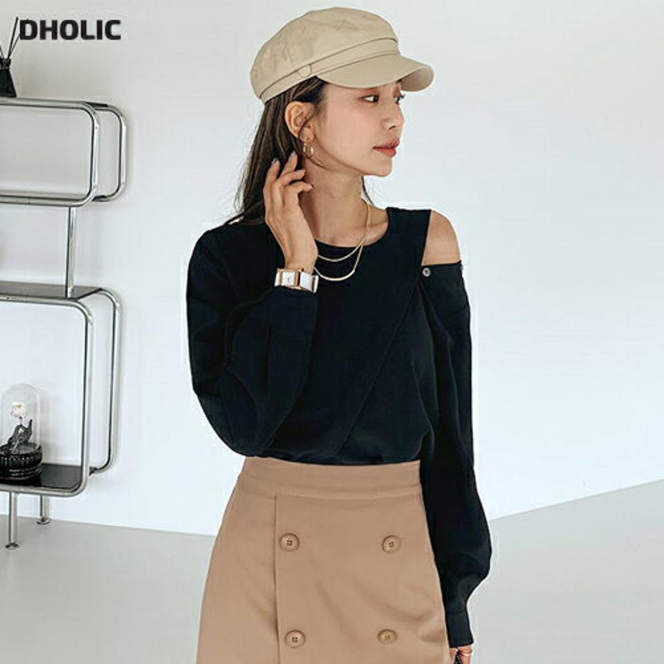 2WAYボタンブラウス・全2色・t65854 レディース 【bl】韓国ファッション トップス ブラウス 長袖 大人 ユニーク カフス 2WAY スリット ボタン デイリー 上品 シンプル フェミニン カジュアル 体型カバー 秋 春