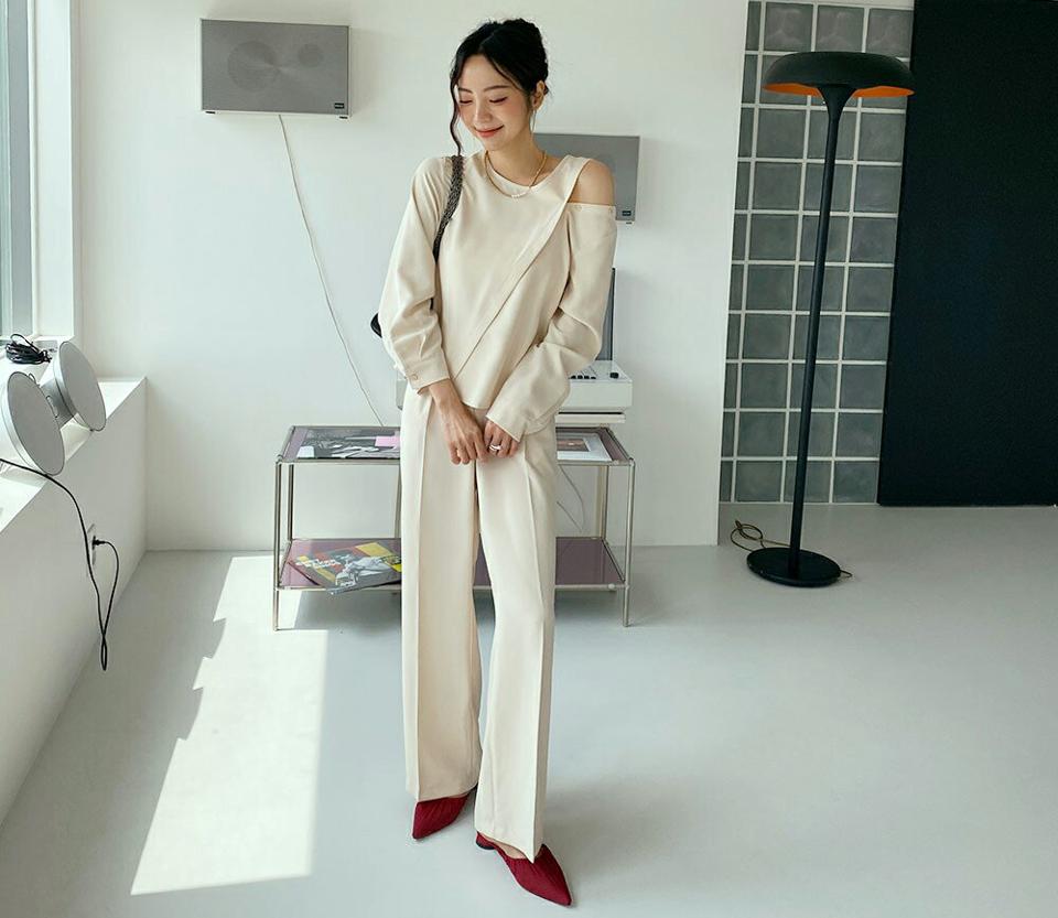 2WAYボタンブラウス&タックワイドスラックスSET・全2色・t65856 レディース 【pt】韓国 ファッション ボトムス ロング ロングパンツ スラックスパンツ スラックス セット ブラウス 2WAY ハイウエスト ロング丈 体型カバー 足長 美脚 秋 春