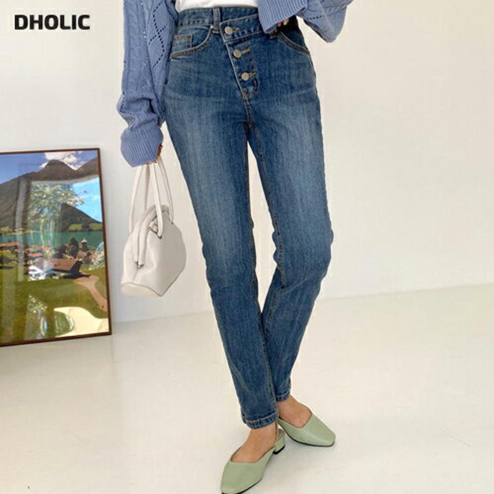 ダイアゴナルボタンスリムデニムパンツ・全1色・t00663 レディース 【pt】韓国ファッション ボトムス パンツ ロング ロングパンツ デニムパンツ デニム 美脚 スリム ユニーク ボタン 細身 体型カバー カジュアル 春 秋 NIJU