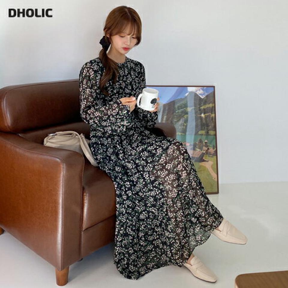 ストラップ付フローラルロングワンピース・全2色・b00649 レディース 【ops】韓国ファッション ワンピース ロング丈 花柄 フローラルパター ロング丈 フレア ギャザー デイリー シンプル 長袖 ルーズ 楽ちん 春 秋 NIJU