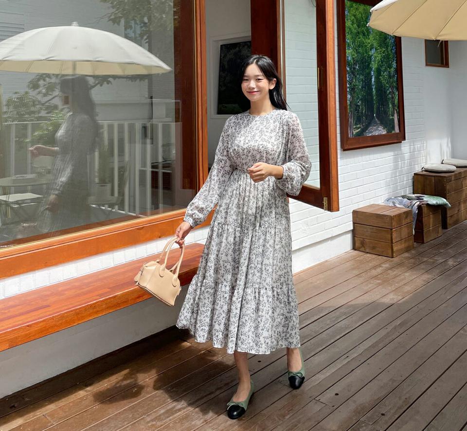 ストラップ付フローラルロングワンピース・全2色・b00649 レディース 【ops】韓国ファッション ワンピース ロング丈 花柄 フローラルパター ロング丈 フレア ギャザー デイリー シンプル 長袖 ルーズ 楽ちん 春 秋 NIJU