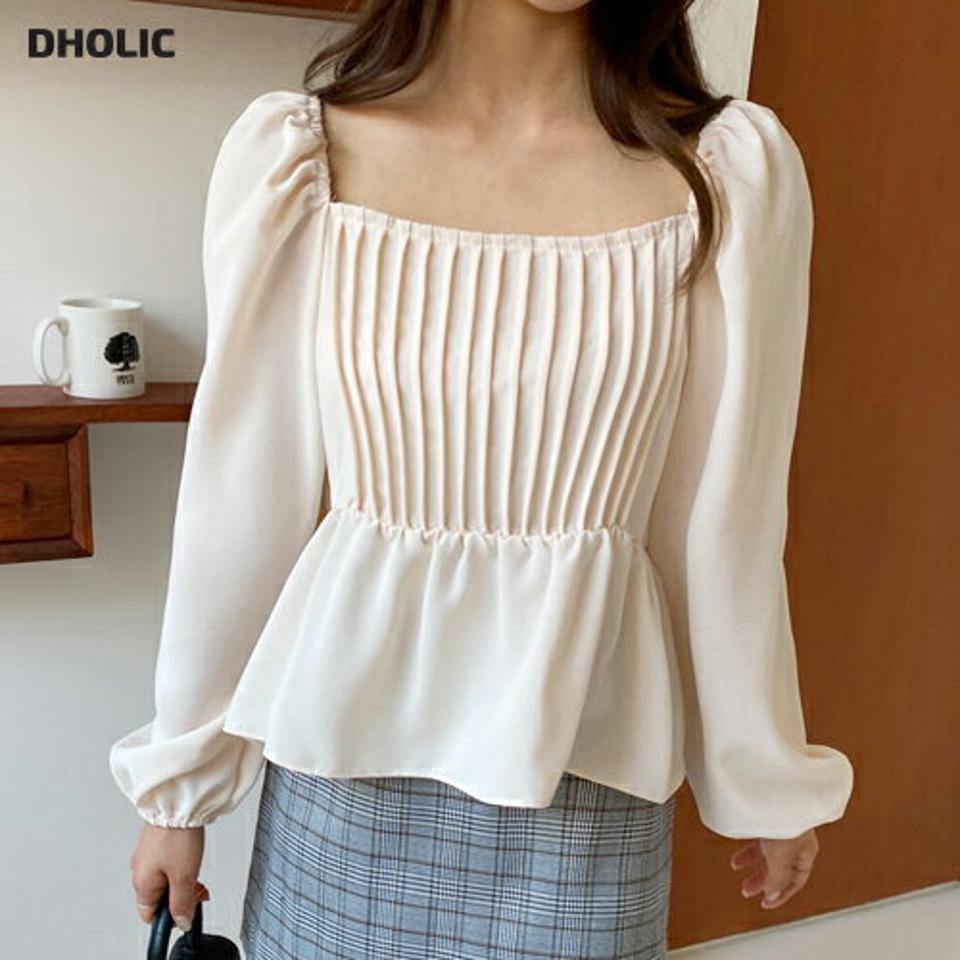 即日配送【只今30%OFF】2WAYピンタックフレアブラウス・全4色・t00672 レディース 【bl】韓国ファッション トップス ブラウス 長袖 シンプル スクエアネック 2WAY ゴム フレア オフショルダー フェミニン 上品 体型カバー 細身 ガーリー 春 秋 NIJU