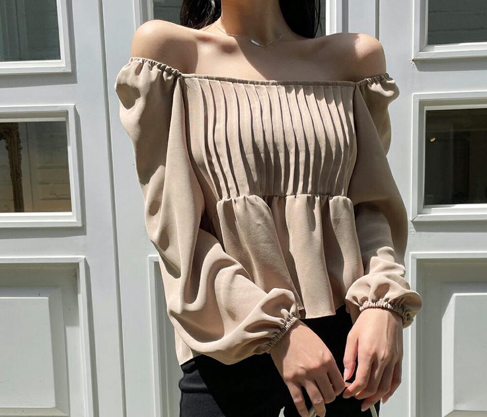 即日配送【只今30%OFF】2WAYピンタックフレアブラウス・全4色・t00672 レディース 【bl】韓国ファッション トップス ブラウス 長袖 シンプル スクエアネック 2WAY ゴム フレア オフショルダー フェミニン 上品 体型カバー 細身 ガーリー 春 秋 NIJU