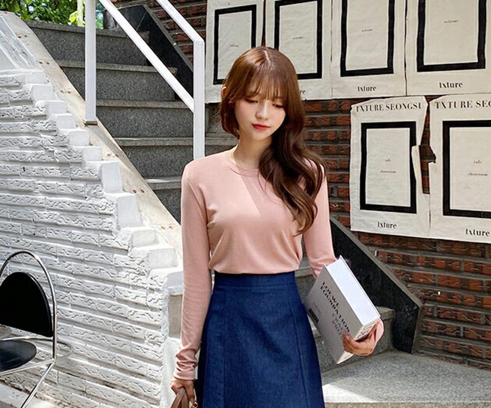 ラウンドネック長袖Tシャツ・全6色・t00640 レディース 【tops】韓国ファッション トップス Tシャツ 長袖 スリム ラウンドネック ベーシック レーヨン ステッチ デイリー フェミニン シンプル ガーリー 無地 春 秋 NIJU