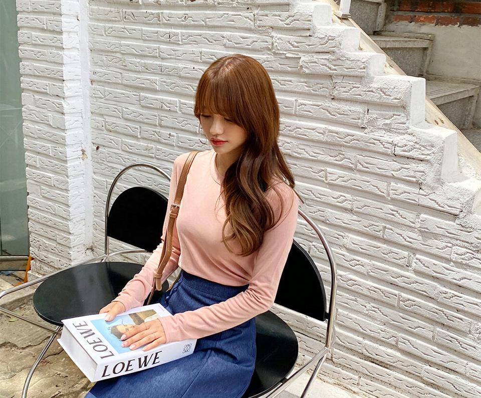 ラウンドネック長袖Tシャツ・全6色・t00640 レディース 【tops】韓国ファッション トップス Tシャツ 長袖 スリム ラウンドネック ベーシック レーヨン ステッチ デイリー フェミニン シンプル ガーリー 無地 春 秋 NIJU