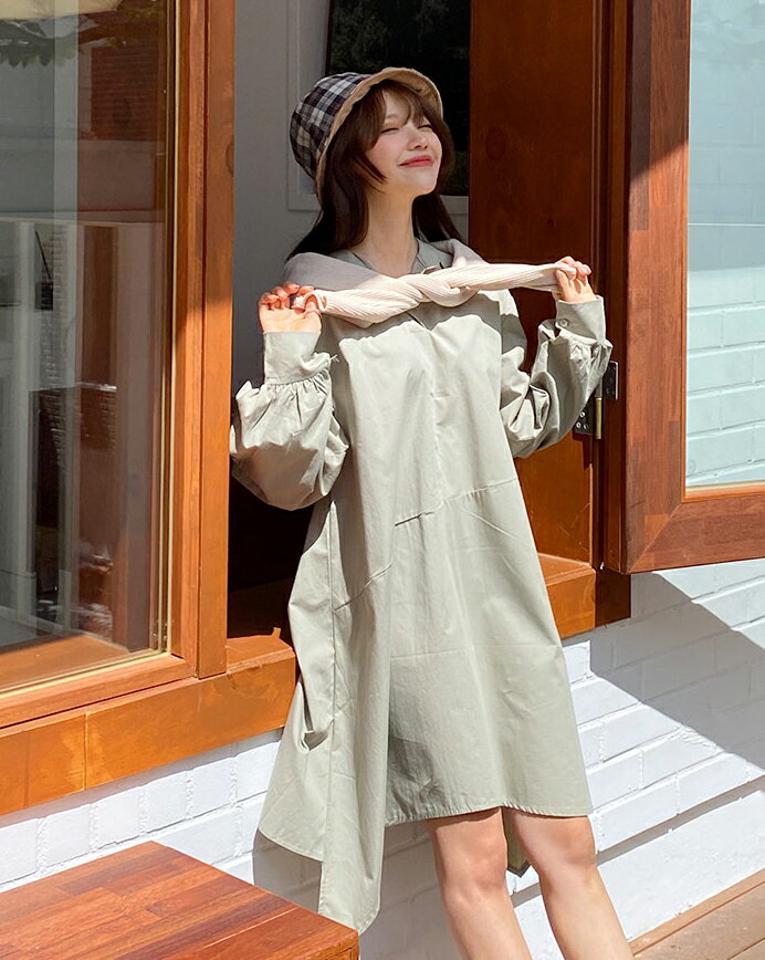 スキッパーシャツワンピース・全4色・t00673 レディース 【ops】韓国 ファッション ワンピース ミディ ミディワンピース スキッパー シャツワンピース Vネック カフス ギャザー プルオーバー 無地 体型カバー ルーズ ゆったり 春 秋 NIJU