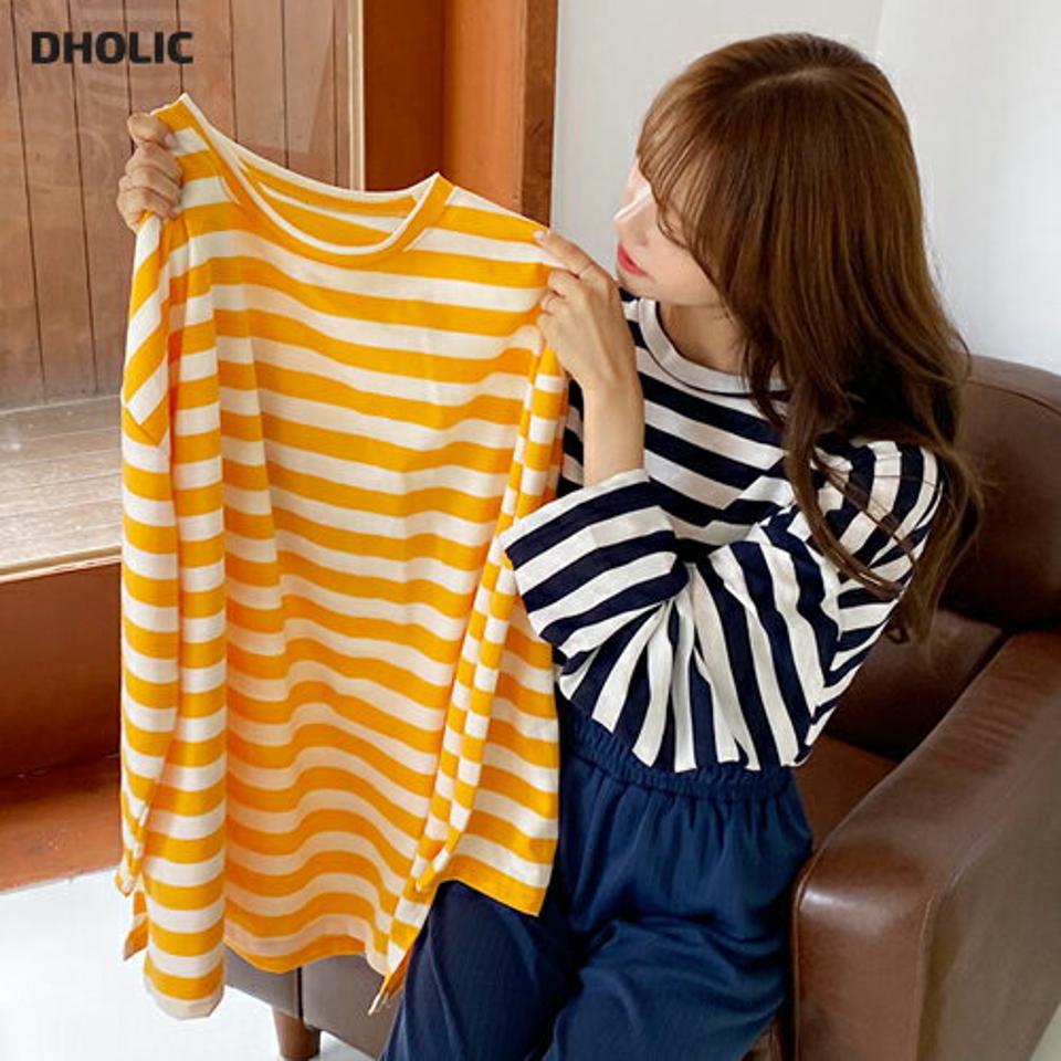 ボーダーサイドスリットTシャツ・全4色・b00642 レディース 【tops】韓国ファッション トップス Tシャツ 半袖 ボーダー コットン ロングシーズン ロング丈 ラウンドネック ベーシック デイリー フェミニン シンプル ガーリー 夏 秋 NIJU