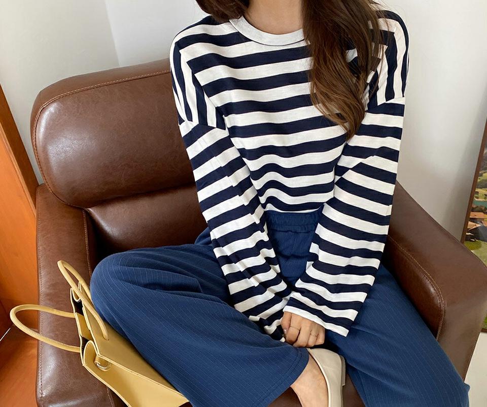 ボーダーサイドスリットTシャツ・全4色・b00642 レディース 【tops】韓国ファッション トップス Tシャツ 半袖 ボーダー コットン ロングシーズン ロング丈 ラウンドネック ベーシック デイリー フェミニン シンプル ガーリー 夏 秋 NIJU