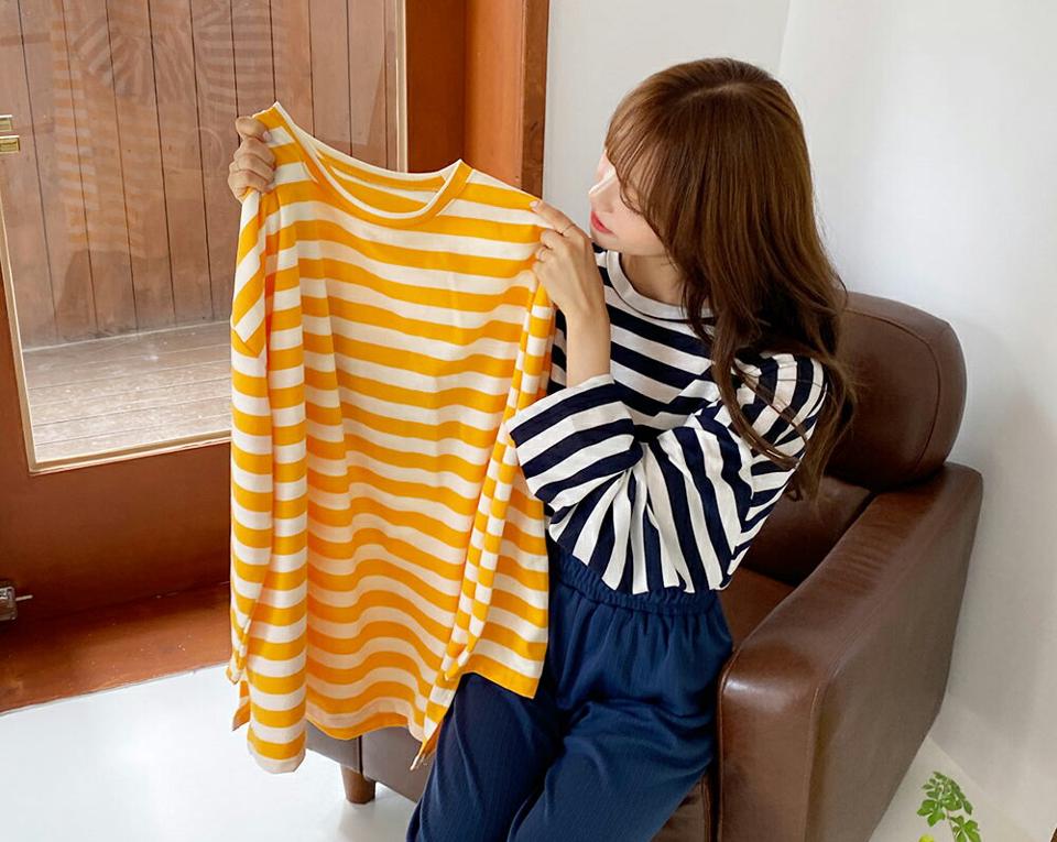 ボーダーサイドスリットTシャツ・全4色・b00642 レディース 【tops】韓国ファッション トップス Tシャツ 半袖 ボーダー コットン ロングシーズン ロング丈 ラウンドネック ベーシック デイリー フェミニン シンプル ガーリー 夏 秋 NIJU