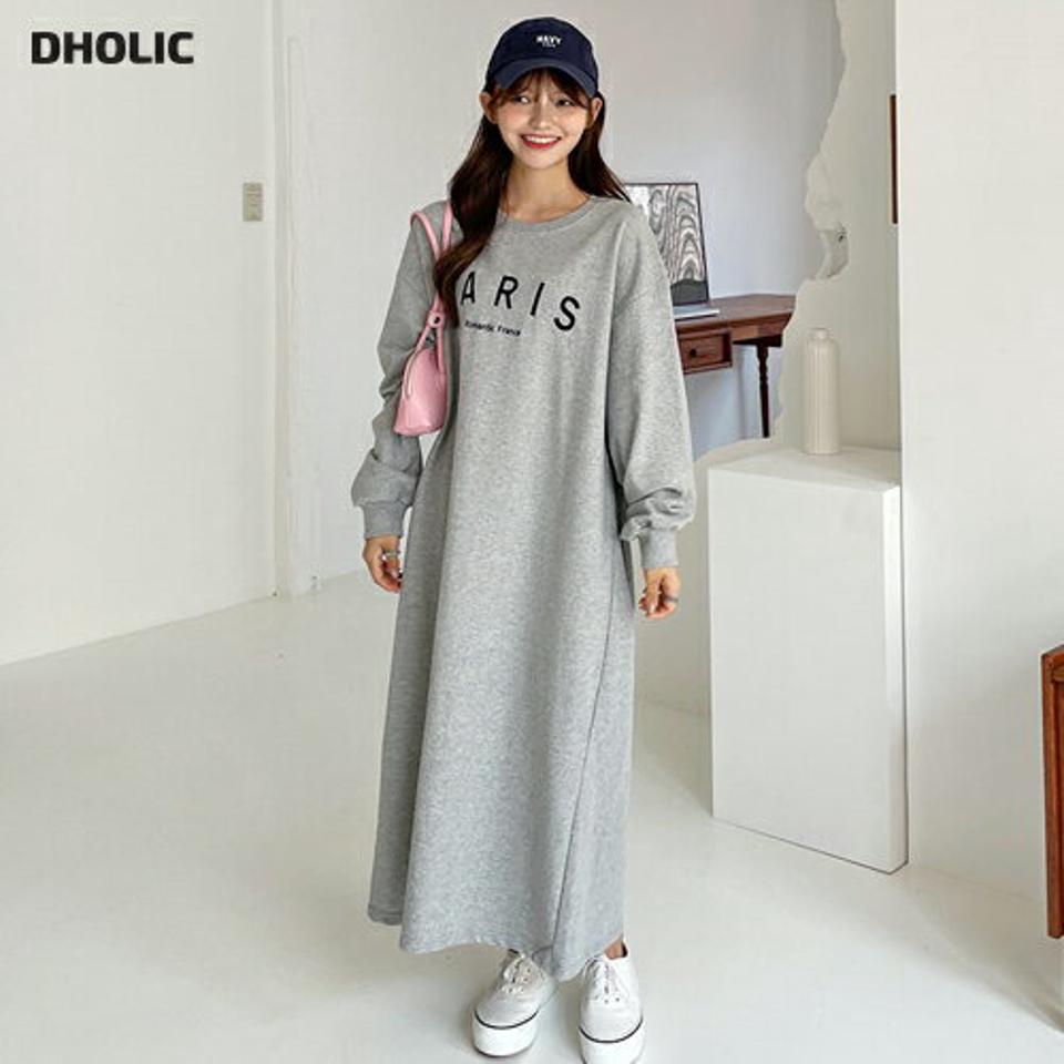 PARIS刺繍ロゴロングワンピース・全3色・b00652 レディース 【ops】韓国 ファッション ワンピース ロング ロングワンピース ラウンドネック 刺繍 ロゴ Hライン デイリー シンプル 長袖 ルーズ 楽ちん スリム 体型カバー 春 秋 NIJU