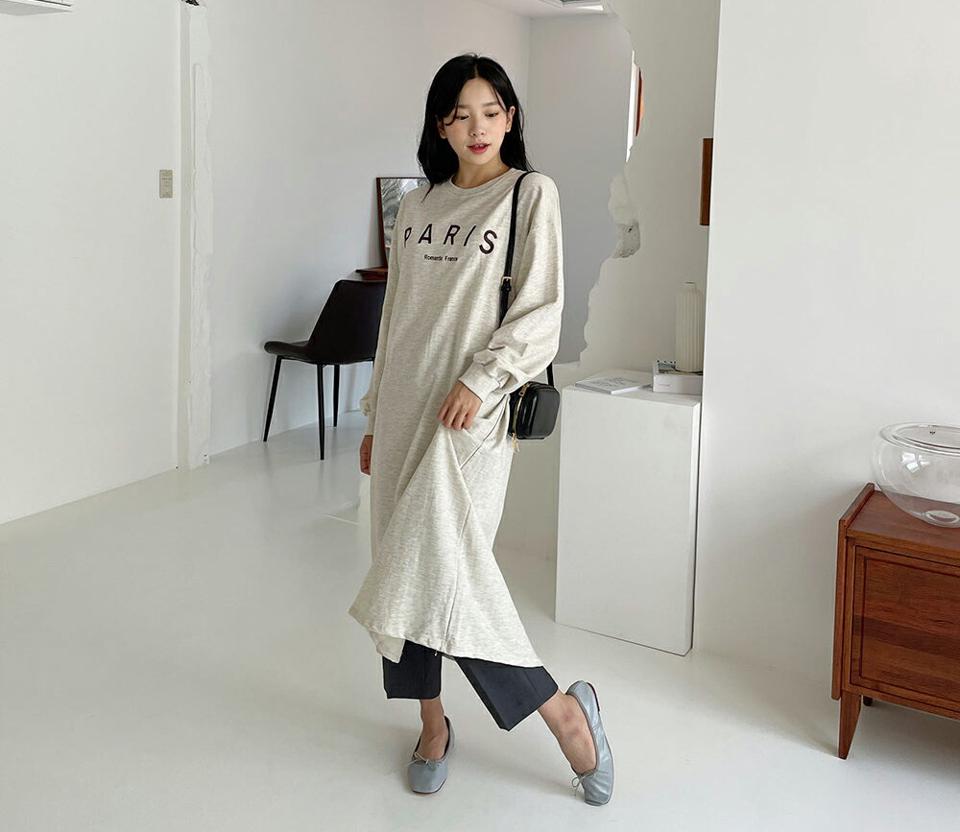 PARIS刺繍ロゴロングワンピース・全3色・b00652 レディース 【ops】韓国 ファッション ワンピース ロング ロングワンピース ラウンドネック 刺繍 ロゴ Hライン デイリー シンプル 長袖 ルーズ 楽ちん スリム 体型カバー 春 秋 NIJU