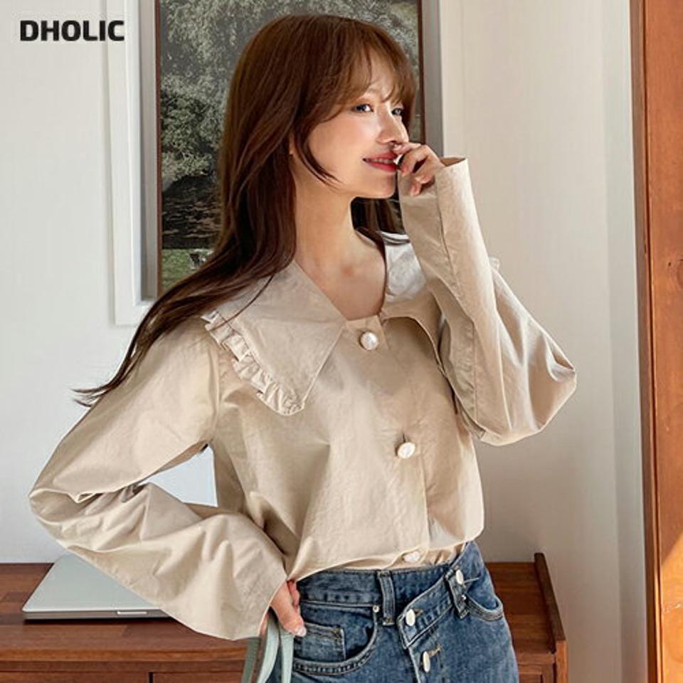 ビッグフリルカラーブラウス・全3色・t00644 レディース 【bl】韓国 ファッション トップス ブラウス 長袖 シンプル フリル カラーネック フレーム ボタン フェミニン カジュアル 上品 体型カバー 細身 ガーリー 春 秋 NIJU