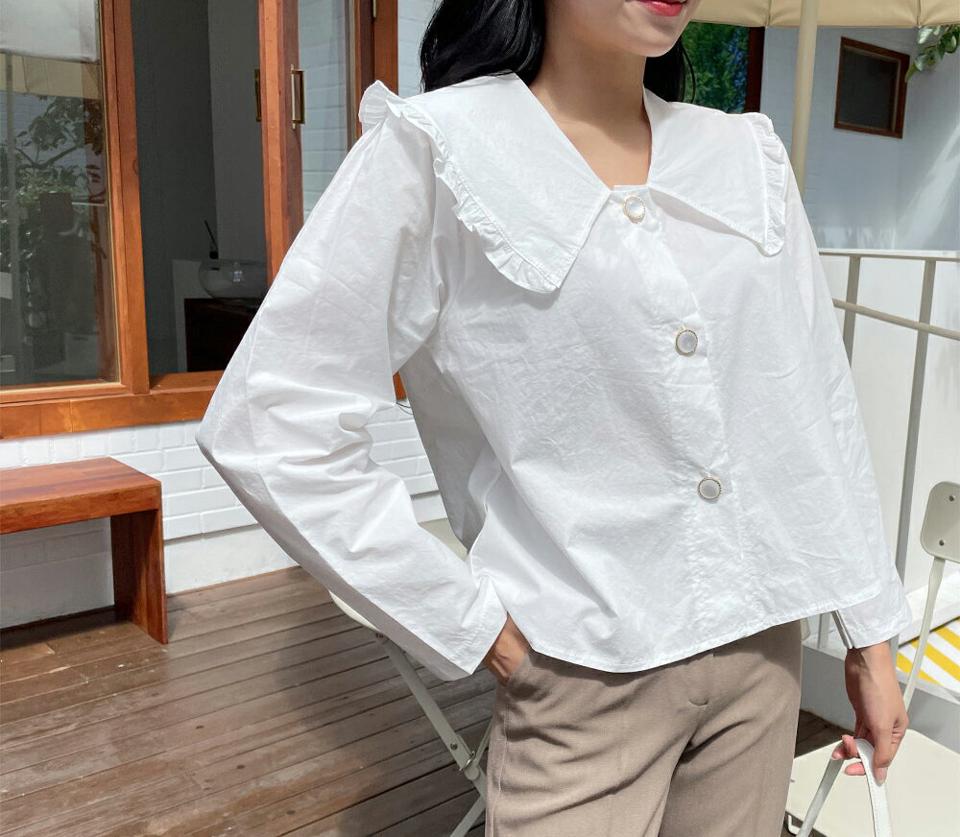 ビッグフリルカラーブラウス・全3色・t00644 レディース 【bl】韓国 ファッション トップス ブラウス 長袖 シンプル フリル カラーネック フレーム ボタン フェミニン カジュアル 上品 体型カバー 細身 ガーリー 春 秋 NIJU