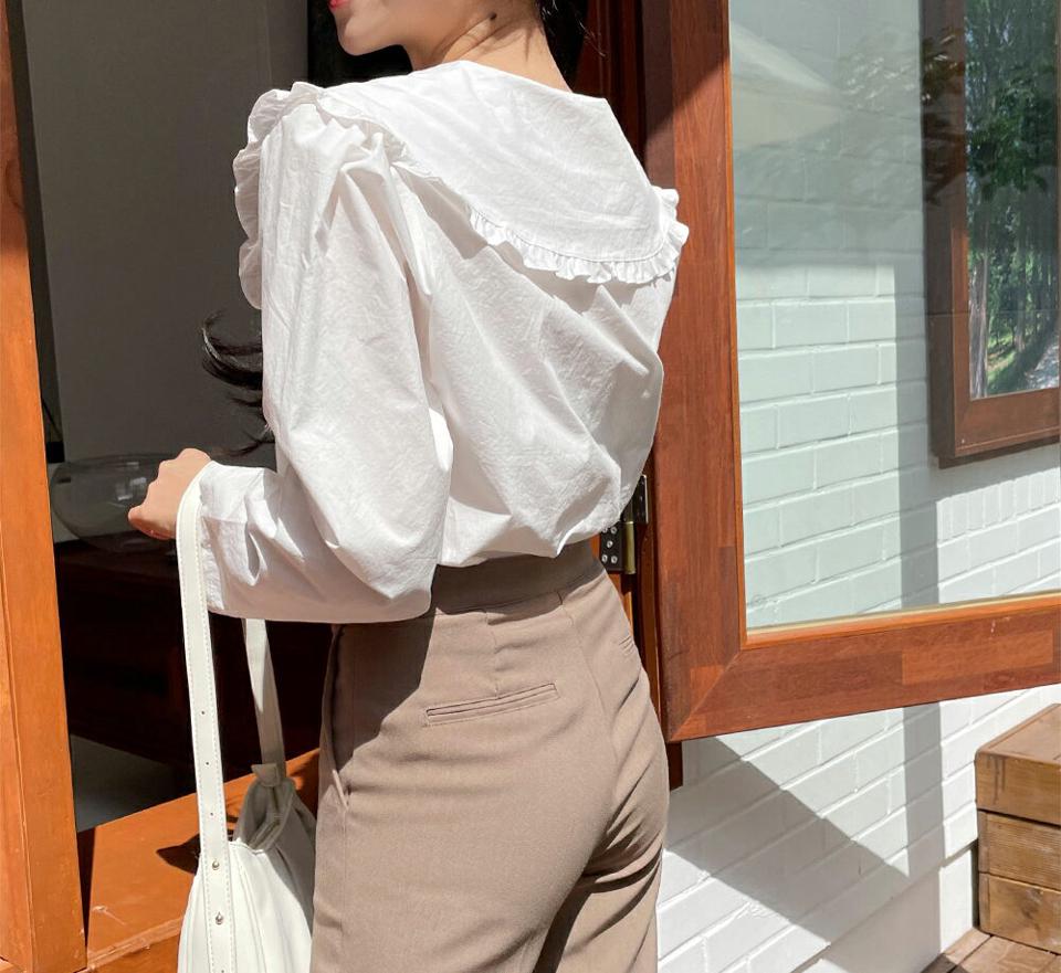 ビッグフリルカラーブラウス・全3色・t00644 レディース 【bl】韓国 ファッション トップス ブラウス 長袖 シンプル フリル カラーネック フレーム ボタン フェミニン カジュアル 上品 体型カバー 細身 ガーリー 春 秋 NIJU