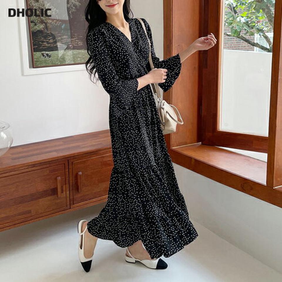 ドットロングワンピース・全1色・b00650 レディース 【ops】韓国 ファッション ワンピース ロング ロングワンピース ドット柄 ガーリー マキシ フレア フレアスリーブ ゴム Vネック 7分丈 長袖 ルーズ 楽ちん スリム 体型カバー 春 秋 NIJU