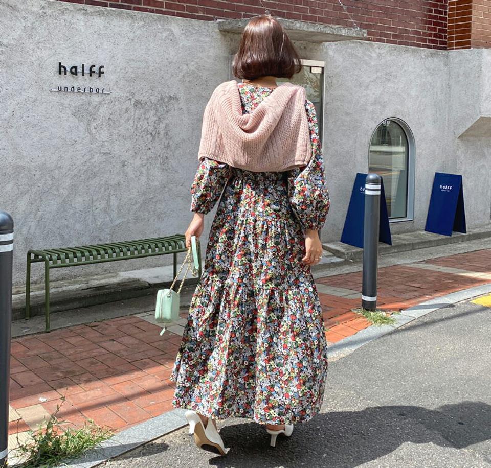 ≪人気商品再入荷≫ゴムベルト付フローラルパフワンピース・全2色・b64712 レディース 【ops】韓国ファッション ワンピース ロングワンピース 大人 ラウンドネック フローラル 花柄 ロング丈 長袖 ゴム フェミニン 体型カバー 秋 春