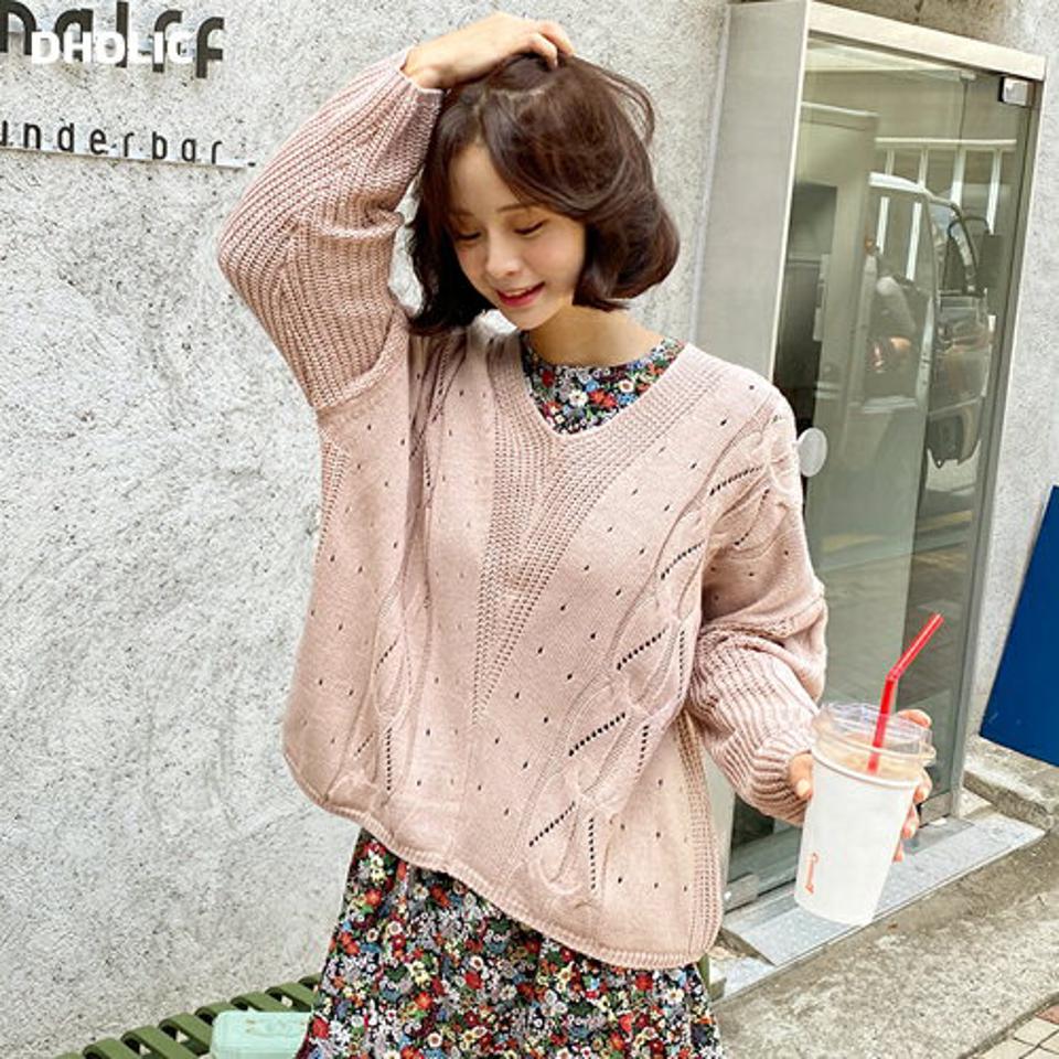 【大感謝祭特価】Vネックパンチングニット・全4色・t64682 レディース 【tops】韓国ファッション トップス ニット 年上 長袖 Vネック パンチングニット デイリー 大人 カラーニット ルーズ シンプル ルーズ フェミニン 上品 秋 春 セール