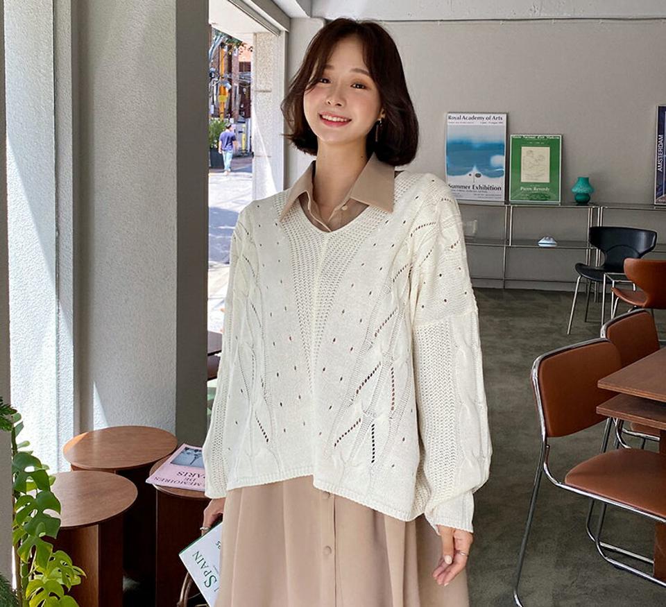 【大感謝祭特価】Vネックパンチングニット・全4色・t64682 レディース 【tops】韓国ファッション トップス ニット 年上 長袖 Vネック パンチングニット デイリー 大人 カラーニット ルーズ シンプル ルーズ フェミニン 上品 秋 春 セール