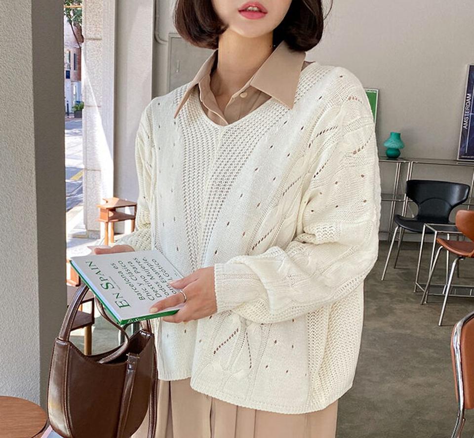 【大感謝祭特価】Vネックパンチングニット・全4色・t64682 レディース 【tops】韓国ファッション トップス ニット 年上 長袖 Vネック パンチングニット デイリー 大人 カラーニット ルーズ シンプル ルーズ フェミニン 上品 秋 春 セール