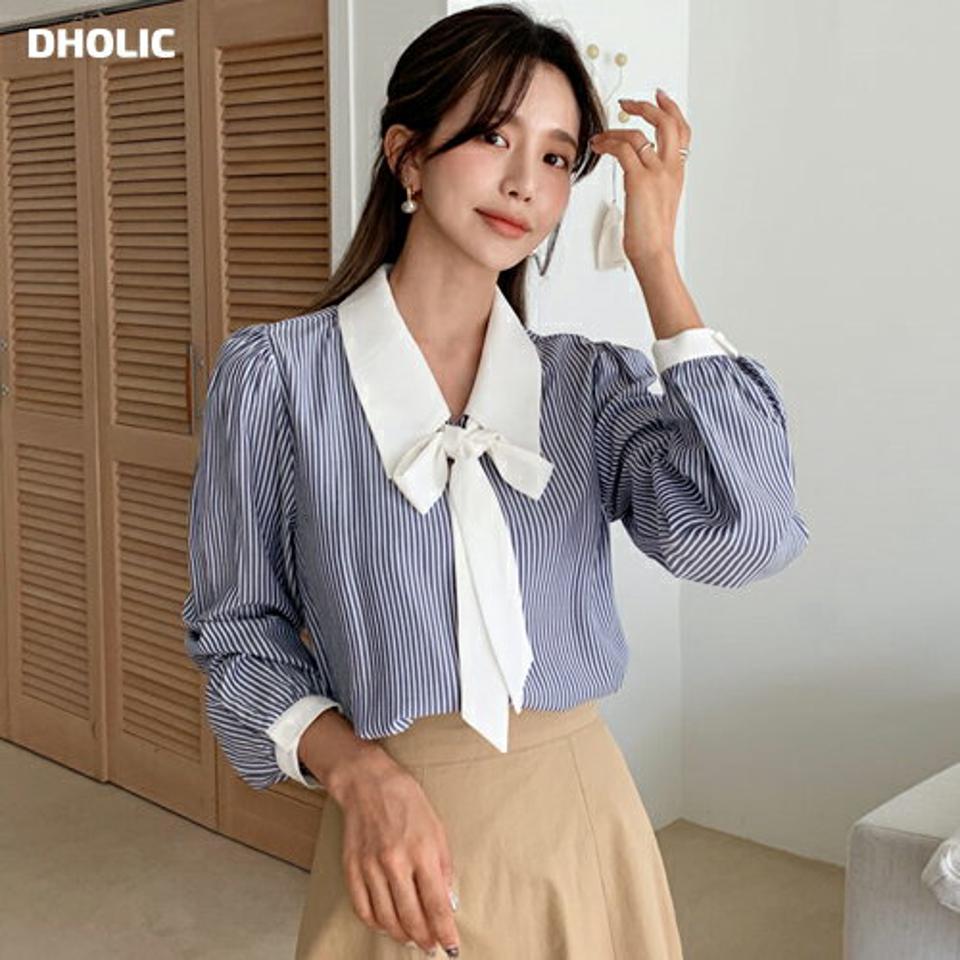ストラップ付配色カラーストライプブラウス・全2色・b64711 レディース 【bl】韓国ファッション トップス ブラウス 長袖 大人 ストラップ ストライプパターン 配色 2WAY シンプル 上品 フェミニン カジュアル 秋 春 学校行事