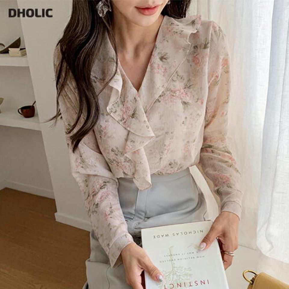 フローラルフリルシースルーブラウス・全2色・b64678 レディース 【bl】韓国ファッション トップス ブラウス 長袖 大人 フローラル 花柄 Vネック ガーリー シフォン フリル シースルー 上品 フェミニン カジュアル 秋 春