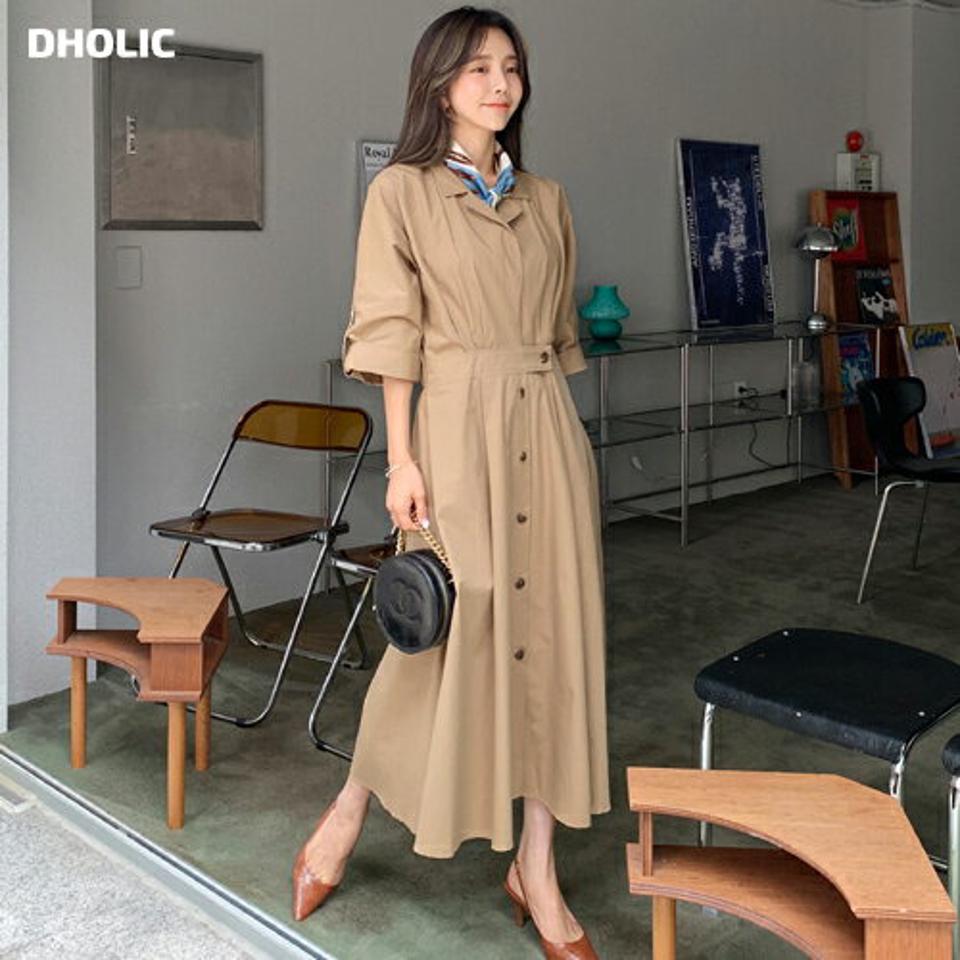 ロールアップスリーブ開襟ワンピース・全2色・b64687 レディース 【ops】韓国 ファッション ワンピース ロング ロングワンピース 大人 シャツワンピース ロールアップ フレア 7分丈 長袖 ゴム フェミニン 体型カバー オフィスルック 秋 春