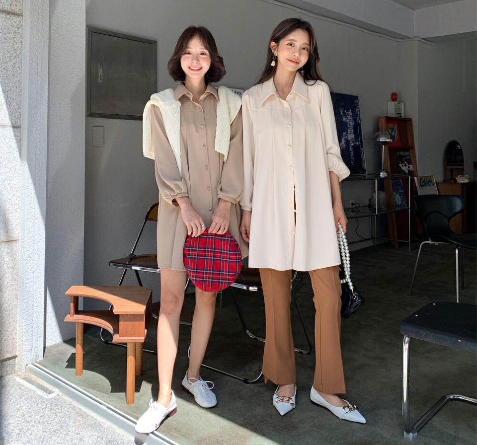 タックフレアシャツミニワンピース・全3色・b64683 レディース 【ops】韓国ファッション ワンピース ミニ ミニワンピース シャツワンピース ミニ丈 ガーリー フレア 長袖 ギャザー ボタン フェミニン 体型カバー 秋 春
