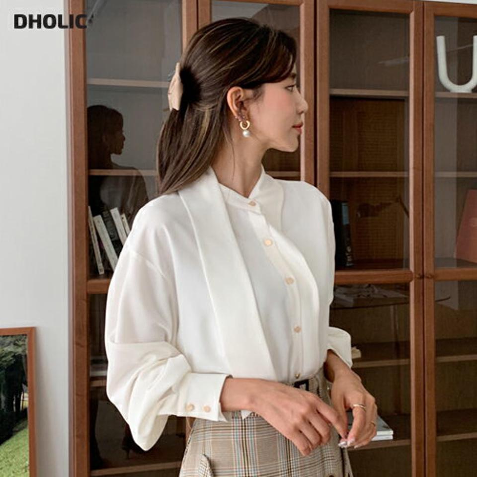 ストラップ付ボタンブラウス・全3色・b64680 レディース 【bl】韓国 ファッション トップス ブラウス 長袖 大人 ストラップ ボタン タイ リボン ゆったり パフスリーブ シンプル 二の腕カバー 上品 フェミニン カジュアル 秋 春